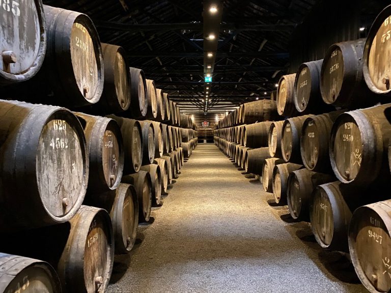 Rows of wooden wine barrels in a dimly lit cellar, creating a symmetrical pathway.