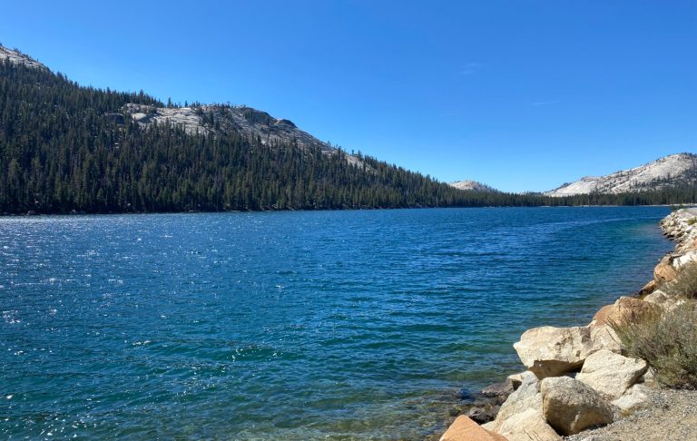 Clear blue lake bordered by rocky shore and distant mountains under a bright blue sky.