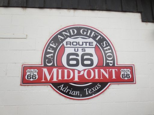 Sign for Midpoint Cafe and Gift Shop on Route 66 in Adrian, Texas.