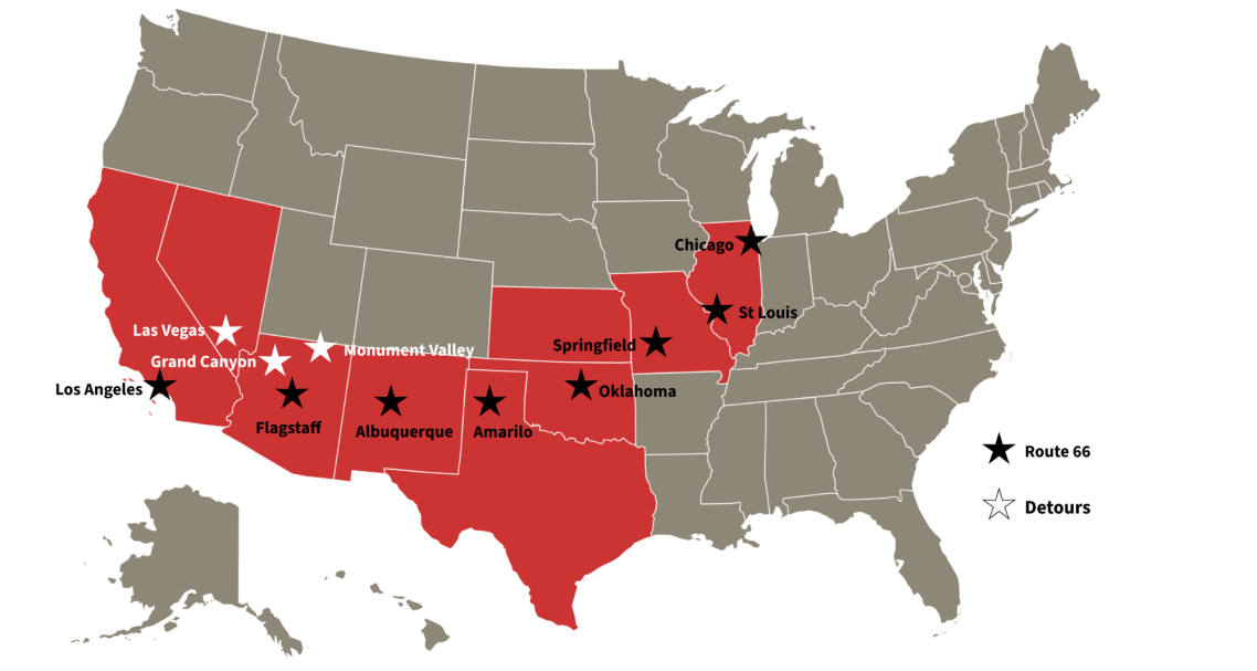 Map of the United States highlighting states in red.
