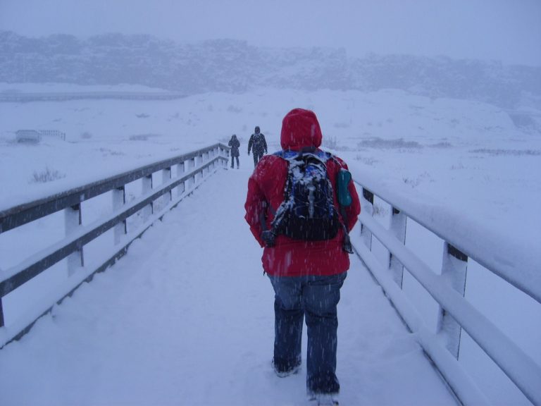 Person in a red coat walks on a snowy path towards a blizzard, with others in the distance.