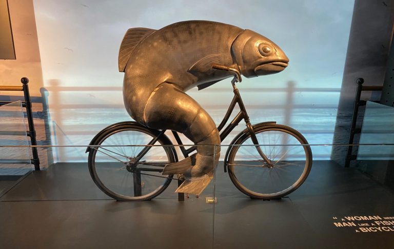 A large fish sculpture riding a bicycle, set against a light background.