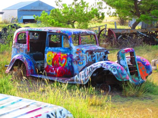 Abandoned vintage car covered in vibrant graffiti, surrounded by overgrown grass and trees.